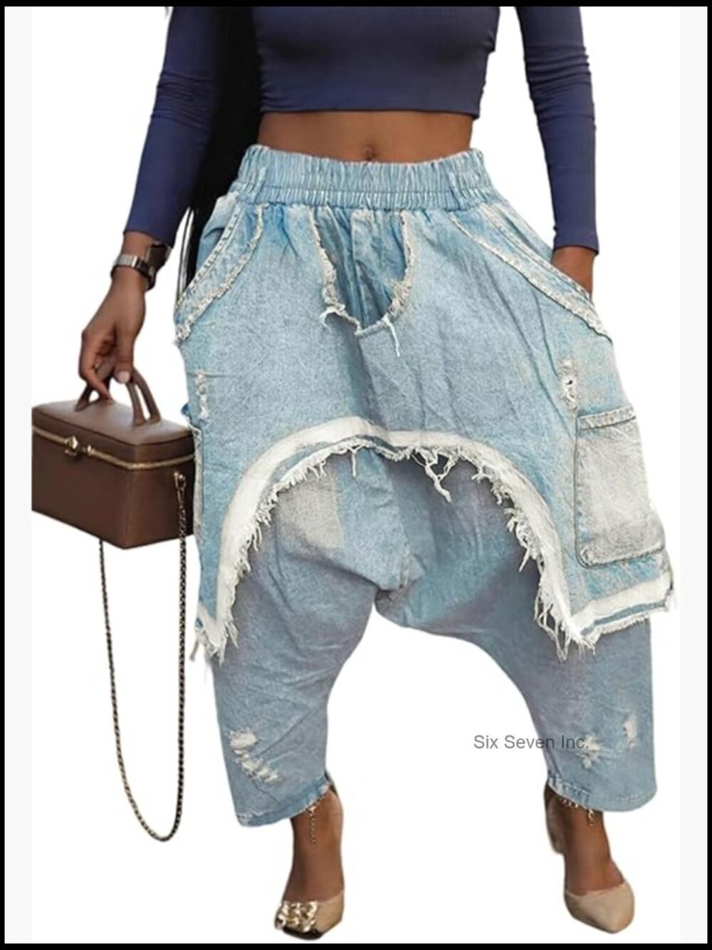 Baggy Harem Jeans Elastic Waist Wide Leg Cargo Patchwork Ripped Hippie Cropped